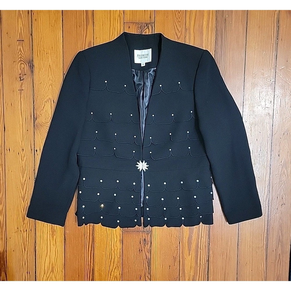 Promise New York Womens Suit Jacket Size 14 Black Jeweled Embroidered Sequins